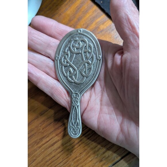 Miniature Hand Mirror With Intricate Celtic Knot Design gray silver tone 4" - Picture 7 of 7